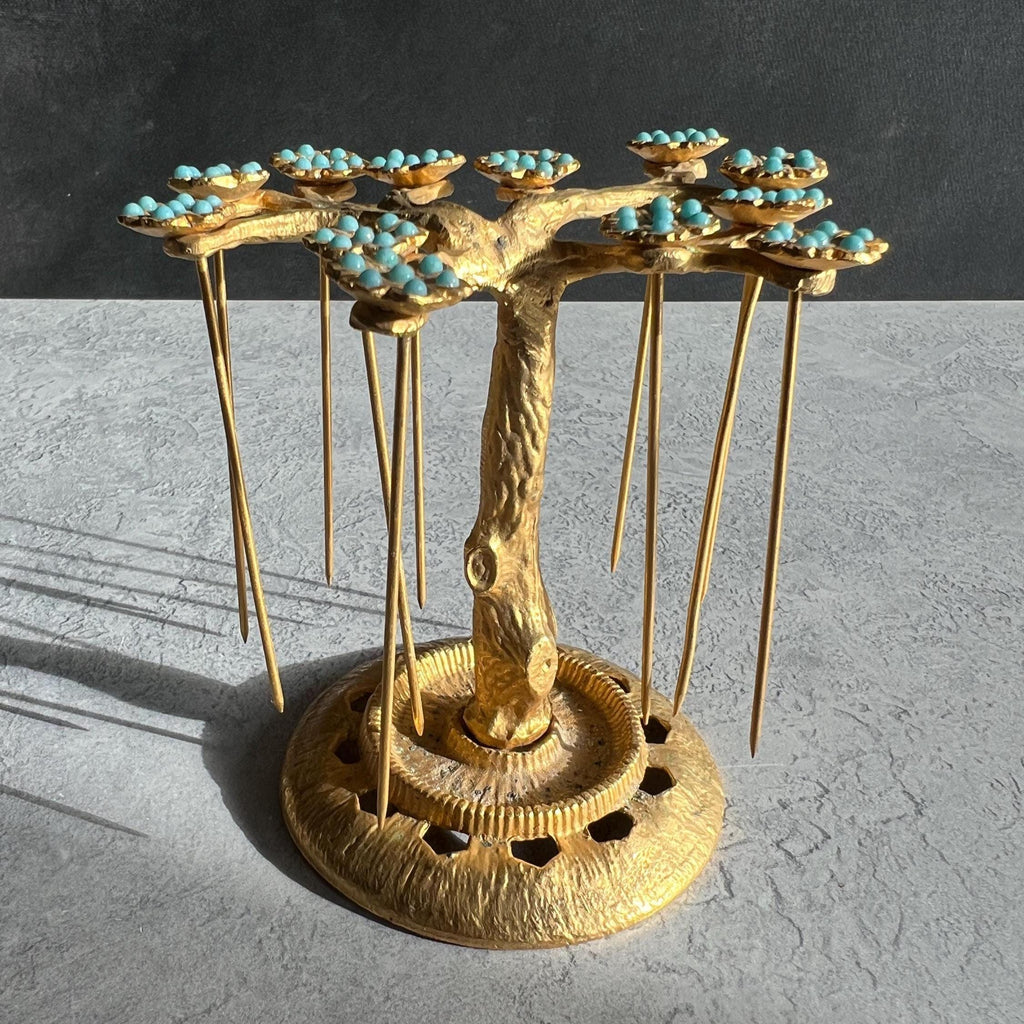Art Deco Gilt Ormolu Cocktail Stick Holder Celeste Blue Flowers