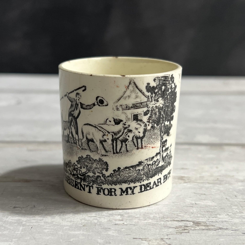 RARE Miniature Mug A Present For My Dear Boy Creamware Cows English C 1810