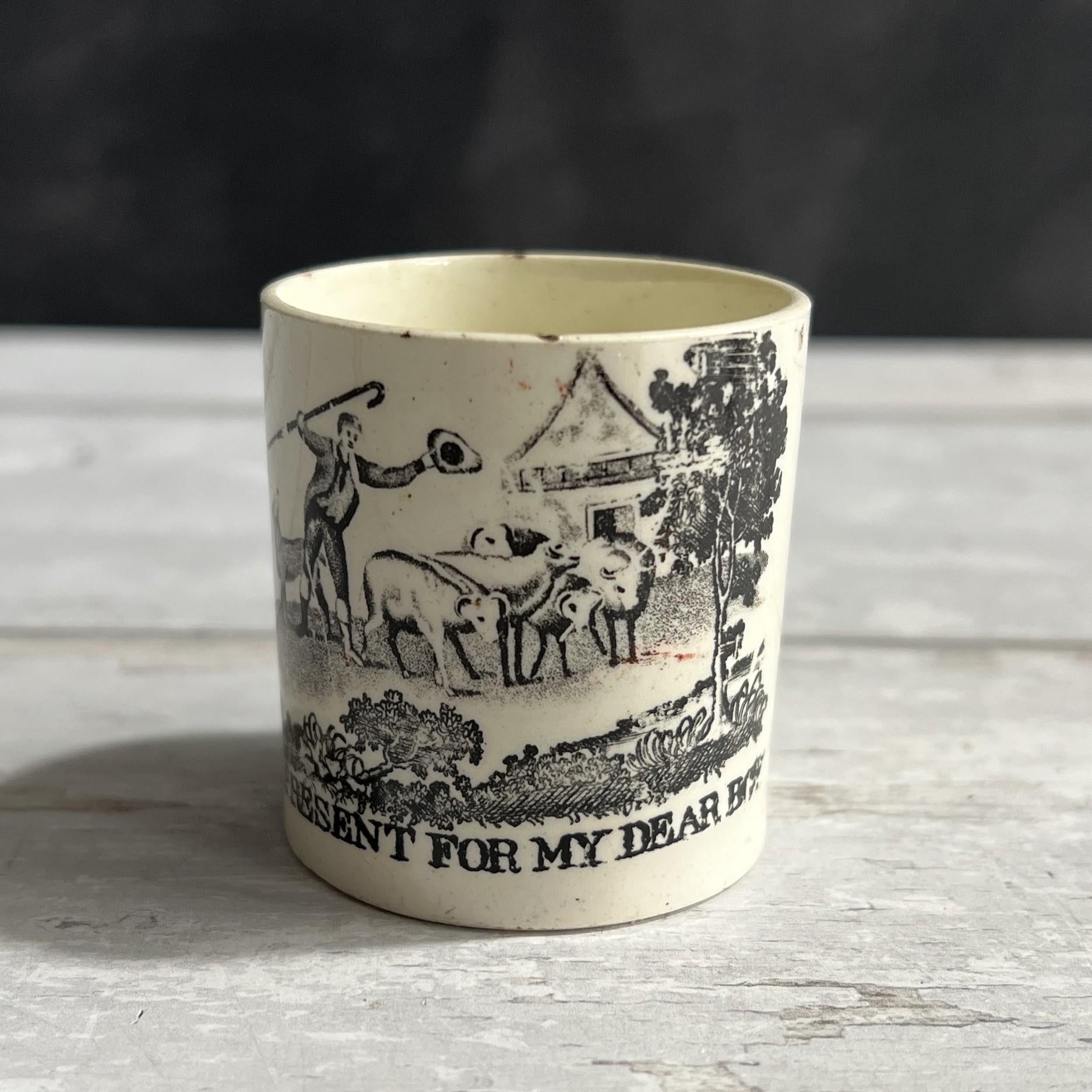 RARE Miniature Mug A Present For My Dear Boy Creamware Cows English C 1810