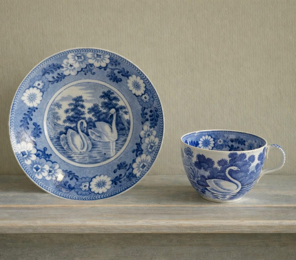 English Pearlware Cup and Saucer Blue and White Transferware Rare Swan Pattern C 1810