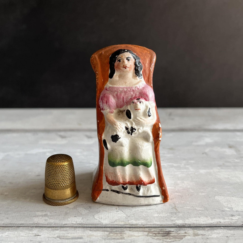 19th Century Miniature Staffordshire Figure Little Girl Seated Dog Puppy TINY C 1860