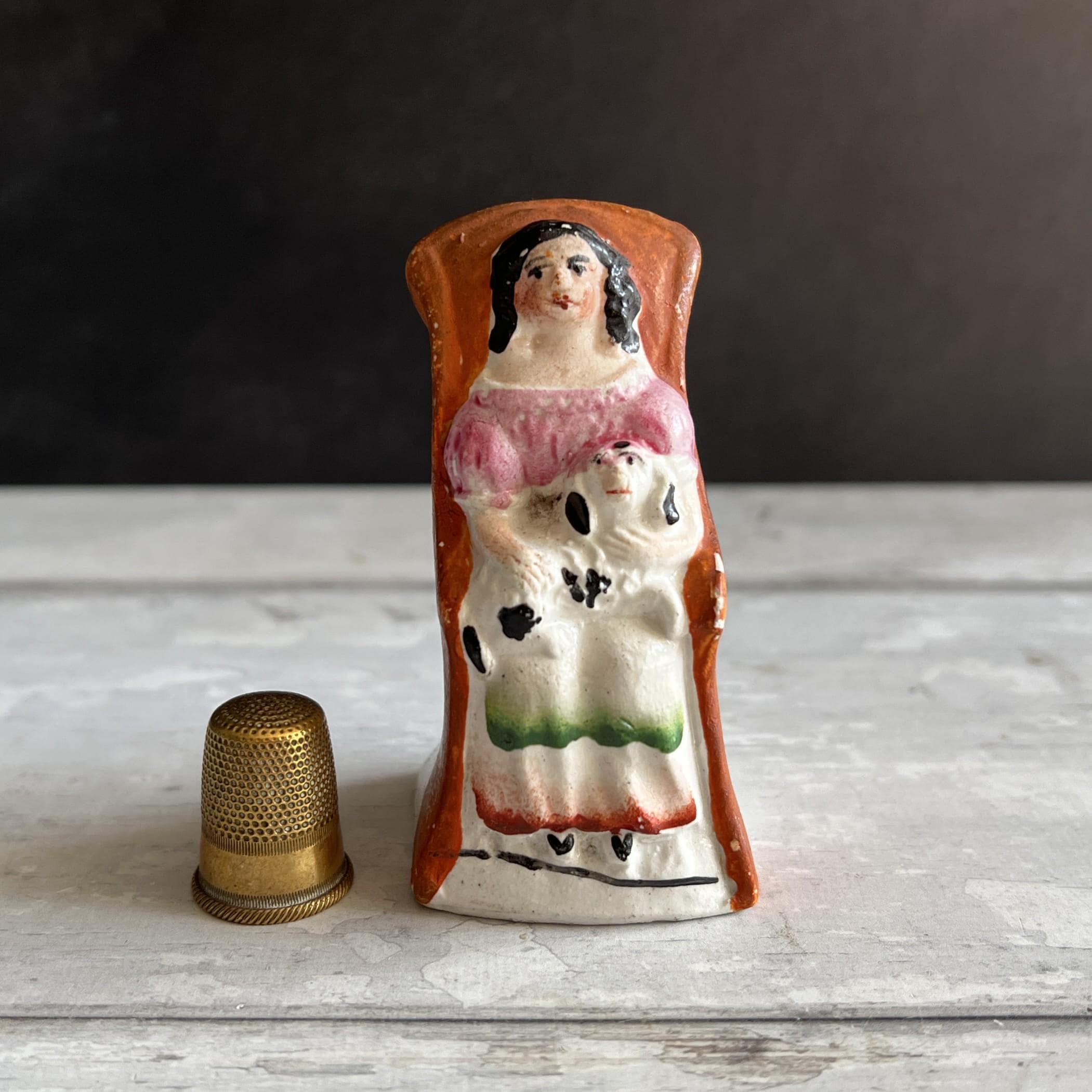 19th Century Miniature Staffordshire Figure Little Girl Seated Dog Puppy TINY C 1860