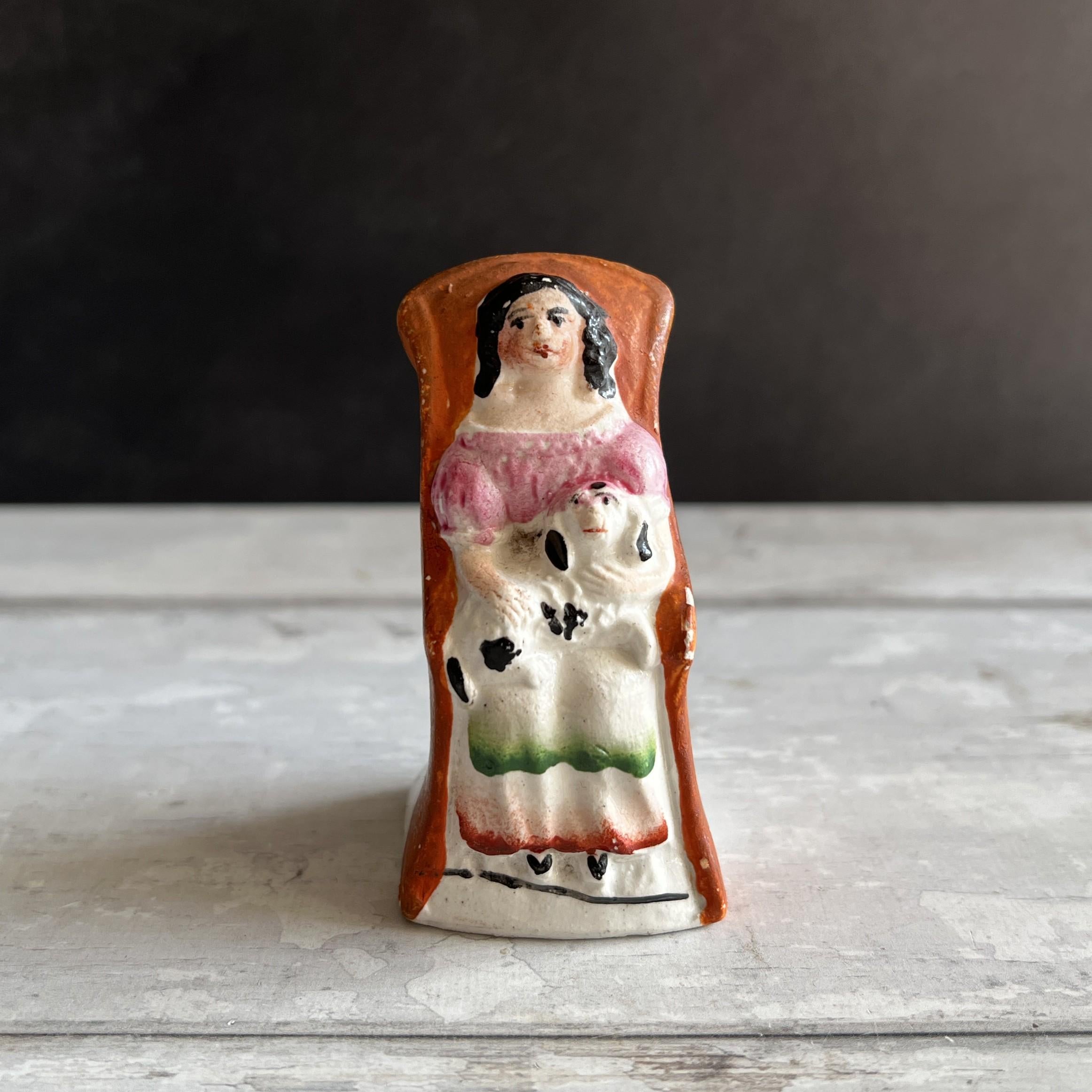 19th Century Miniature Staffordshire Figure Little Girl Seated Dog Puppy TINY C 1860