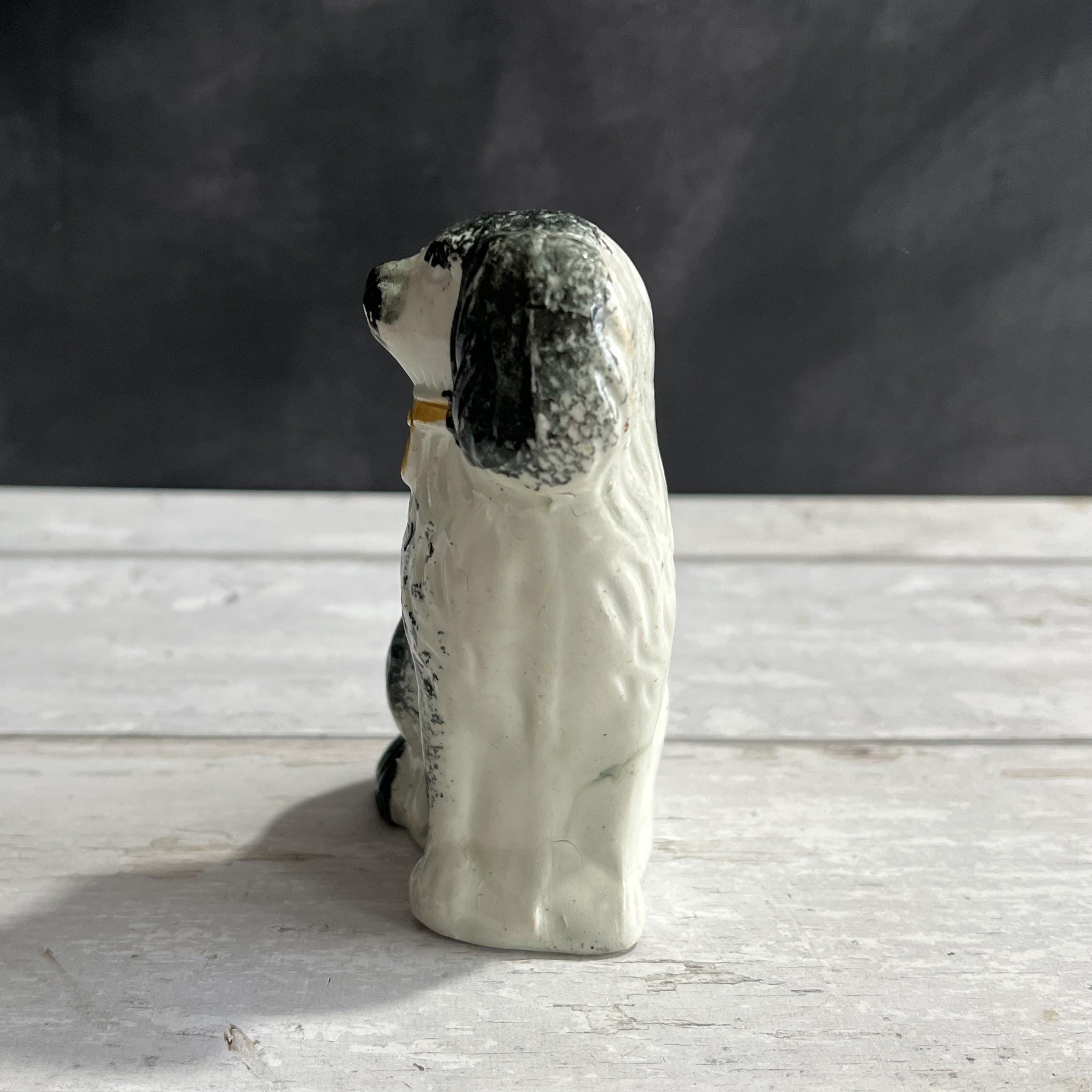 19th Century Staffordshire Dog Figure SMALL Dog Black Spatter Ware Spongeware C 1870