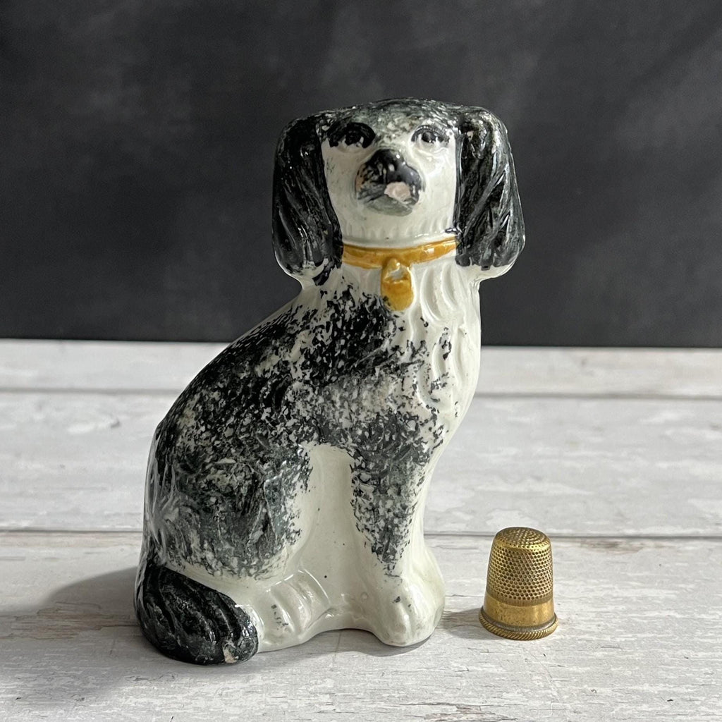 19th Century Staffordshire Dog Figure SMALL Dog Black Spatter Ware Spongeware C 1870