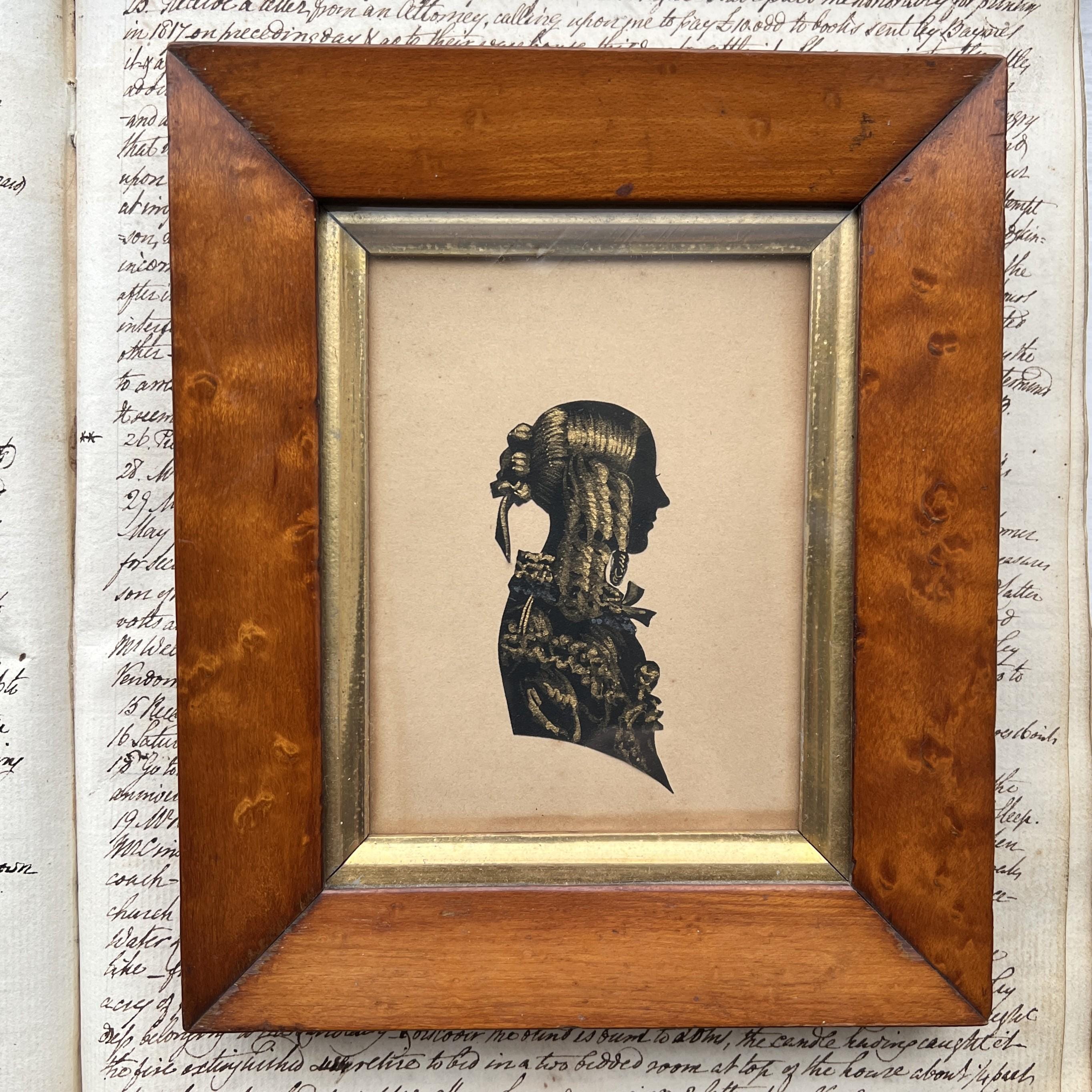 19th Century Portrait Silhouette Young Victorian Lady Birds Eye Maple Frame C 1840
