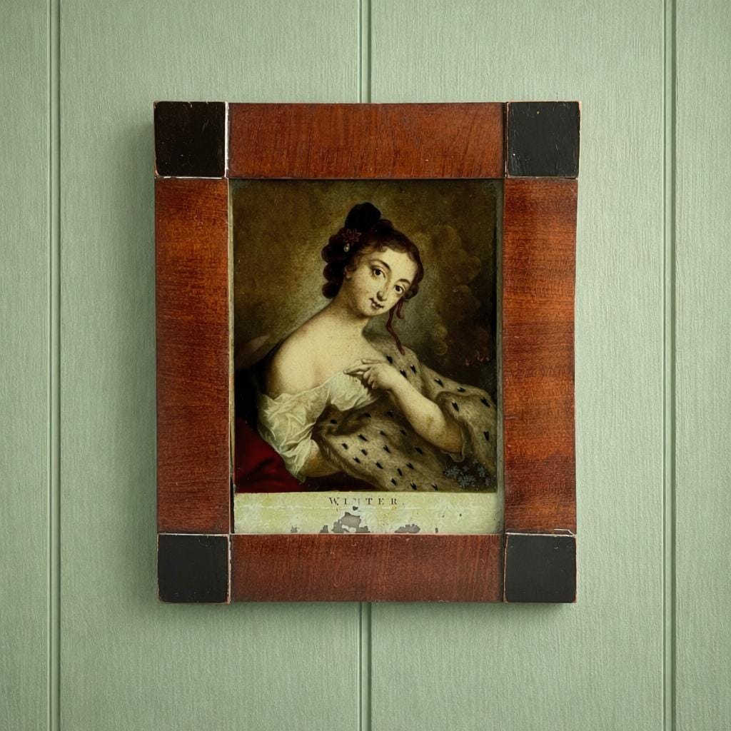 19th Century Georgian Reverse Mezzotint On Glass Winter After Rosalba Carriera Circa 1820 AF
