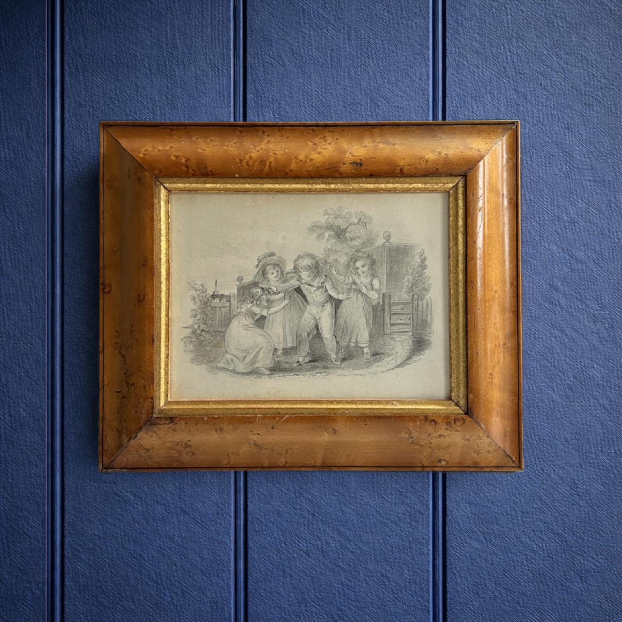 Antique 19th Century Drawing Children Playing English Circa 1830s