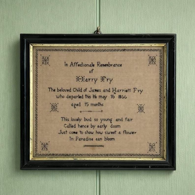 Antique Perforated Paper Mourning Sampler For Baby Harry Fry 1866