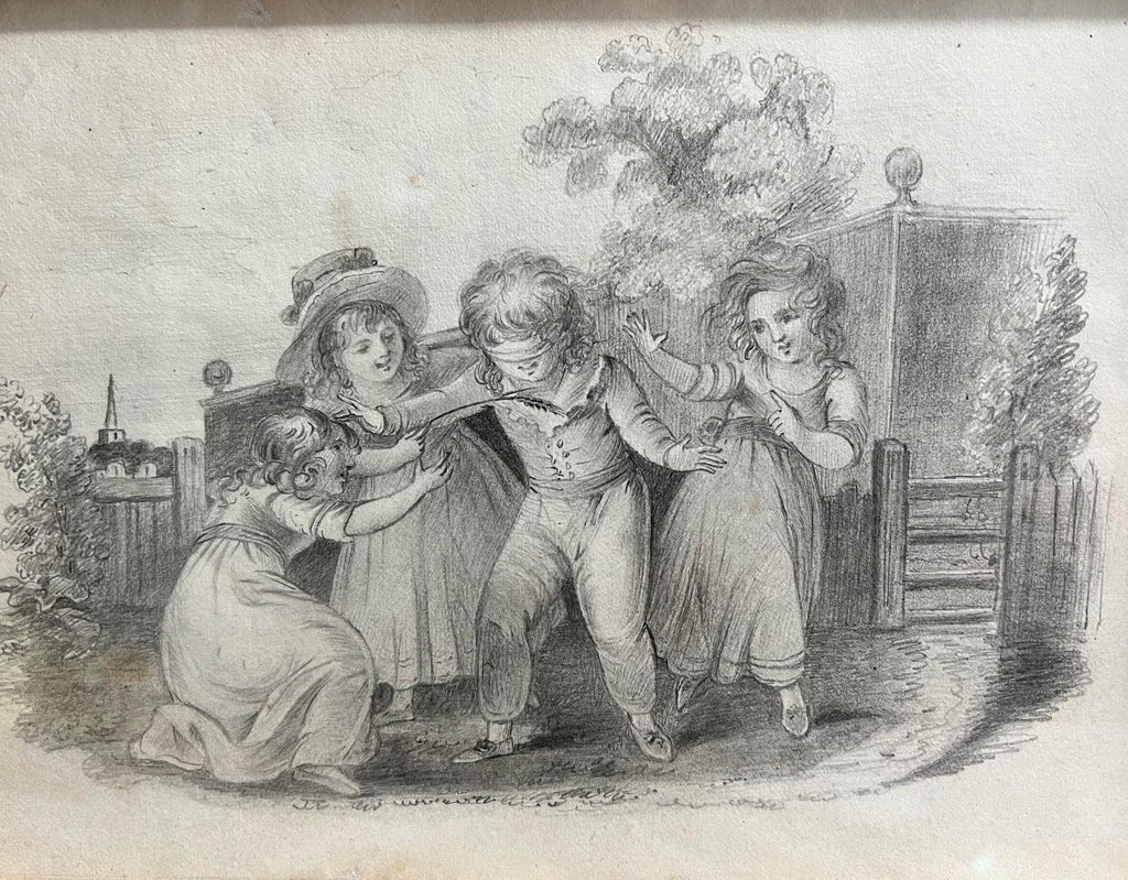 Antique 19th Century Drawing Children Playing English Circa 1830s