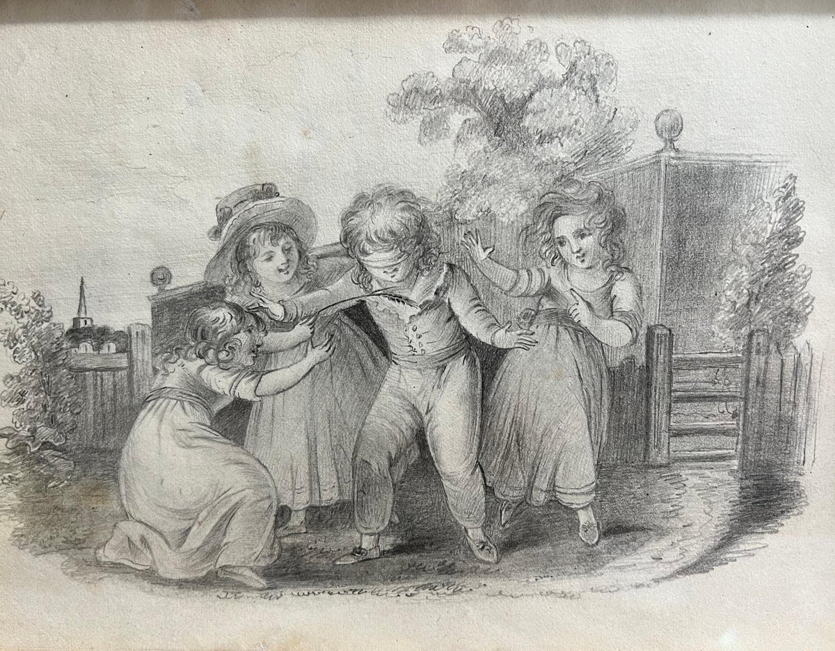 Antique 19th Century Drawing Children Playing English Circa 1830s