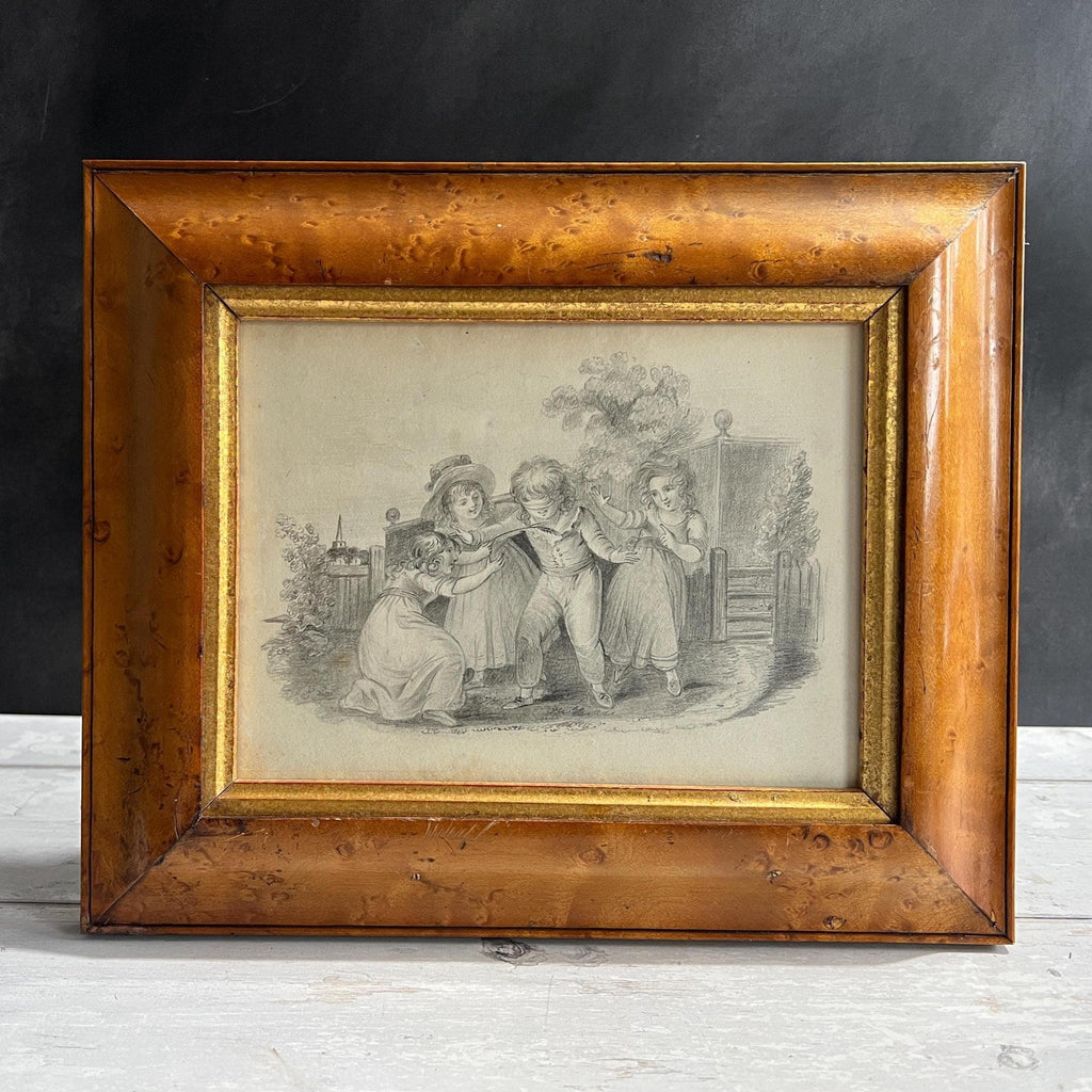 Antique 19th Century Drawing Children Playing English Circa 1830s