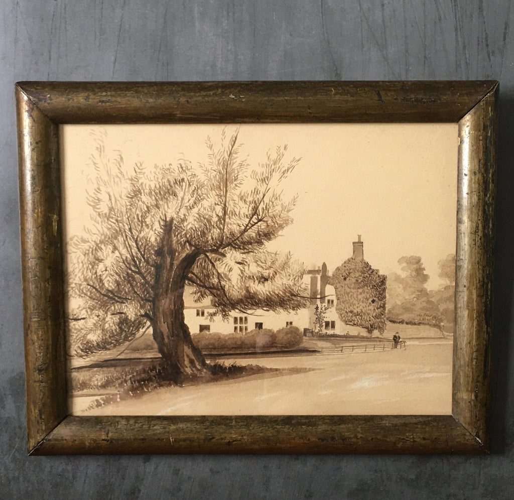 Antique 19th Century Painting Pen and Ink Sepia English Manor House Country Estate