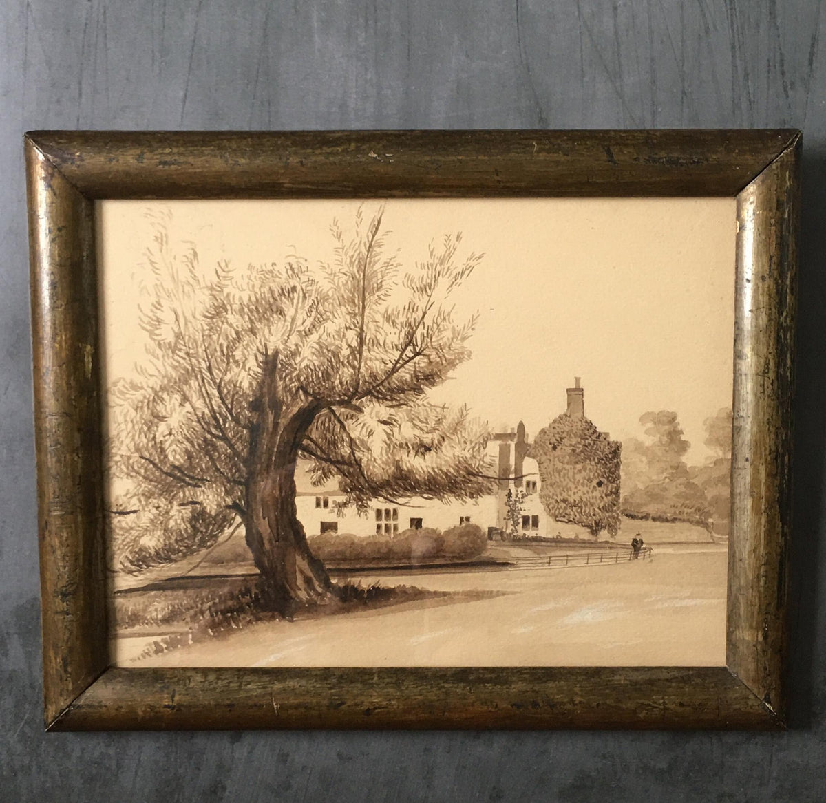 Antique 19th Century Painting Pen and Ink Sepia English Manor House Country Estate
