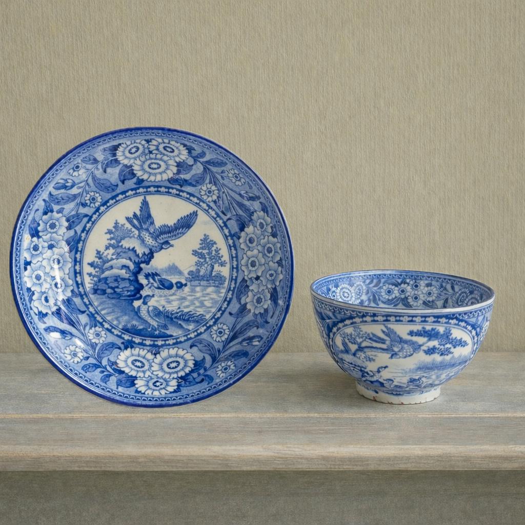 Antique 1820s English Pearlware Tea Bowl and Saucer, Blue Willow Bird Design
