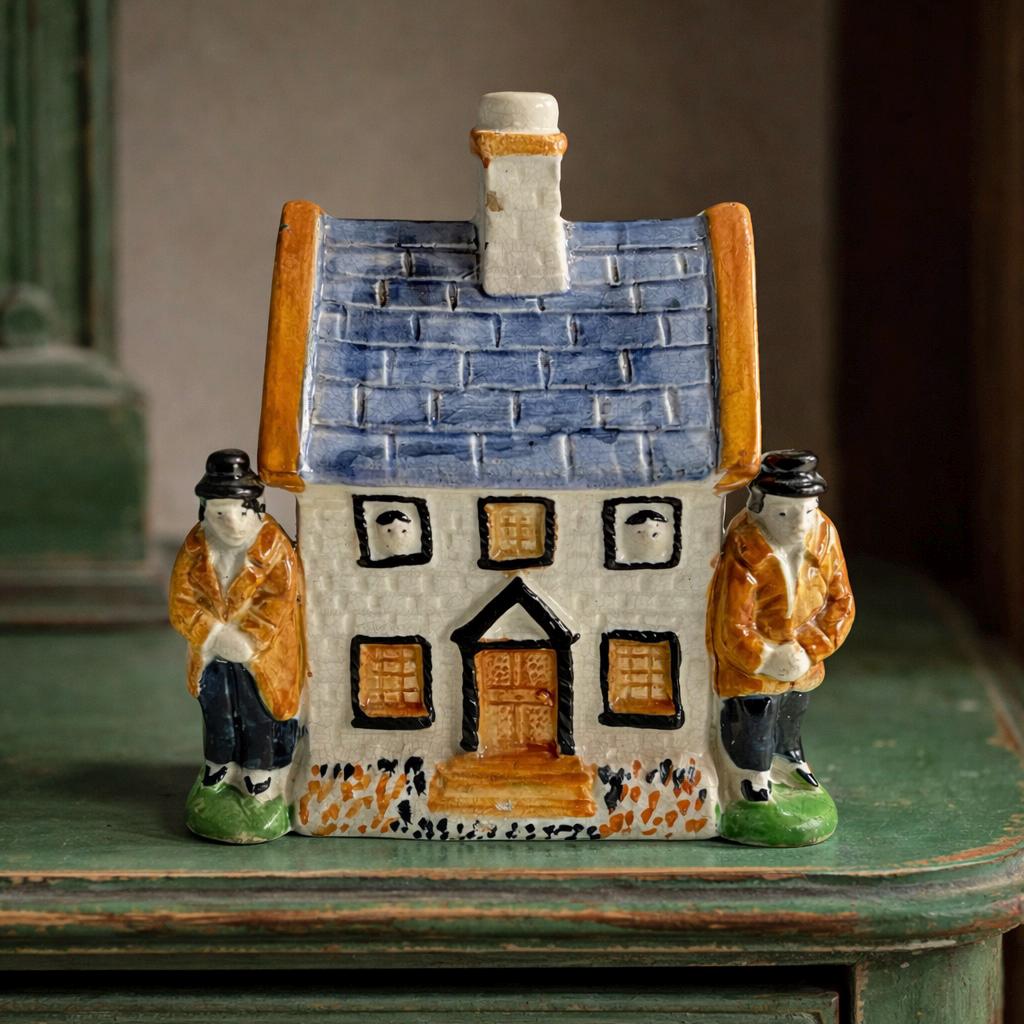 Antique Prattware Pottery Cottage Money Bank English Folk Art C 1830