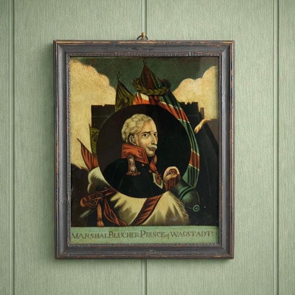 Georgian Reverse Print on Glass Marshall Blucher Waterloo C 1815