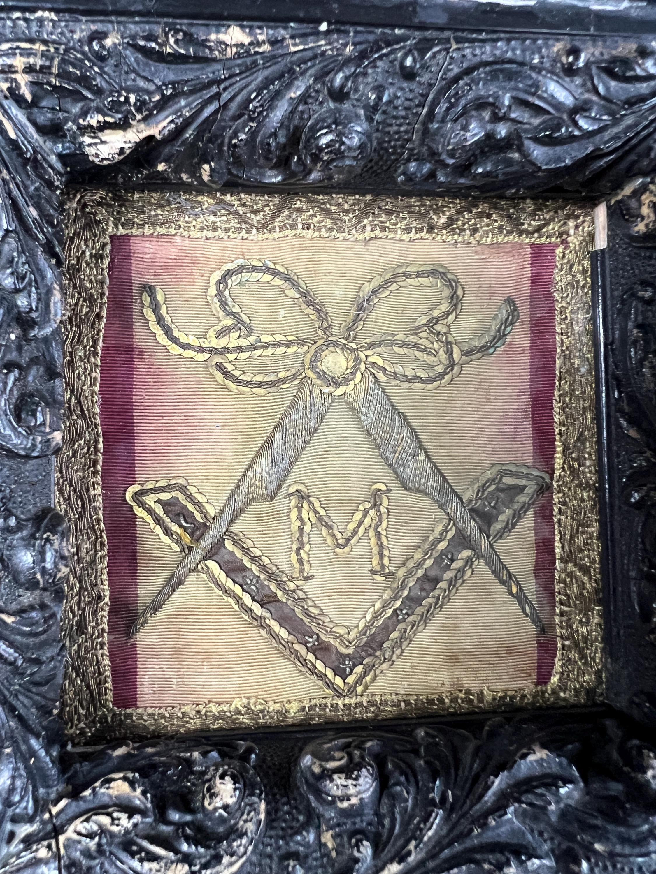 18th Century French Textile Fragment Master Masonic Embroidery Compass C 1799