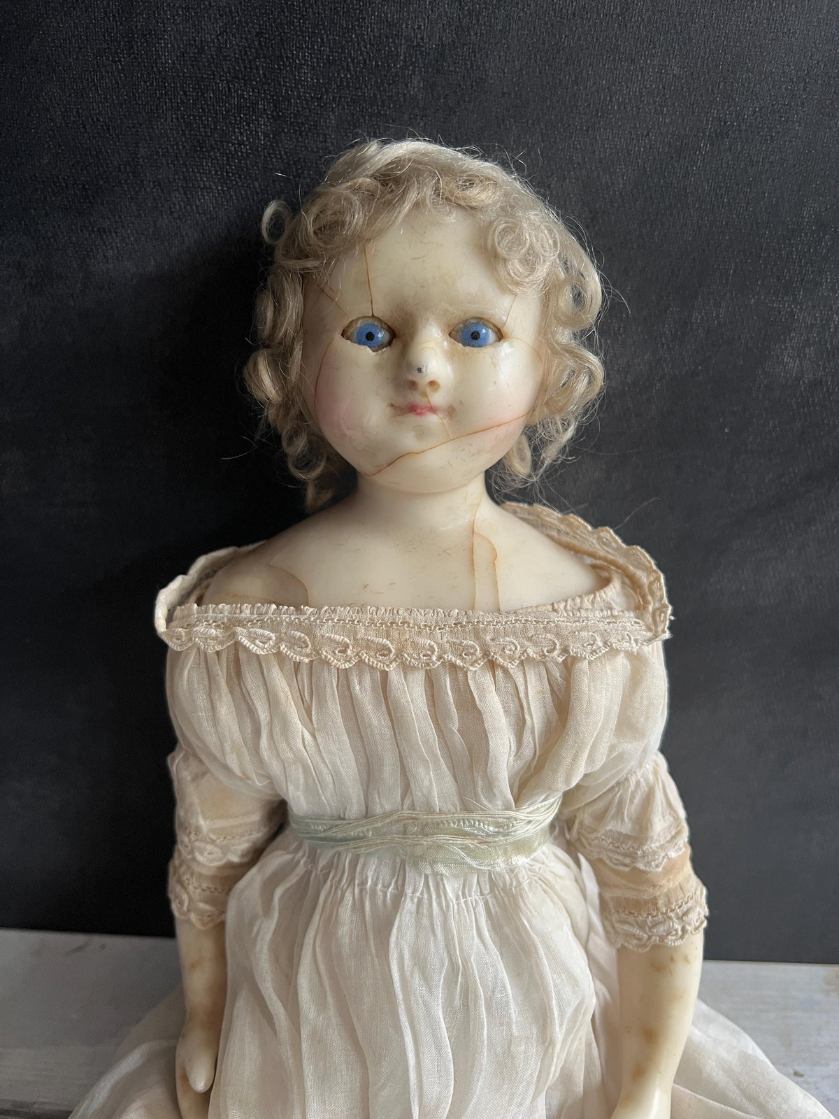 English Wax Over Papier Mache Doll 17” Blue Sleep Eyes Original Clothing C 1840