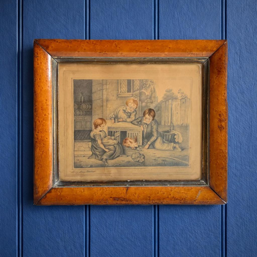 19th Century Rabbit Painting Drawing C 1840 Signed Mary Anne Barker
