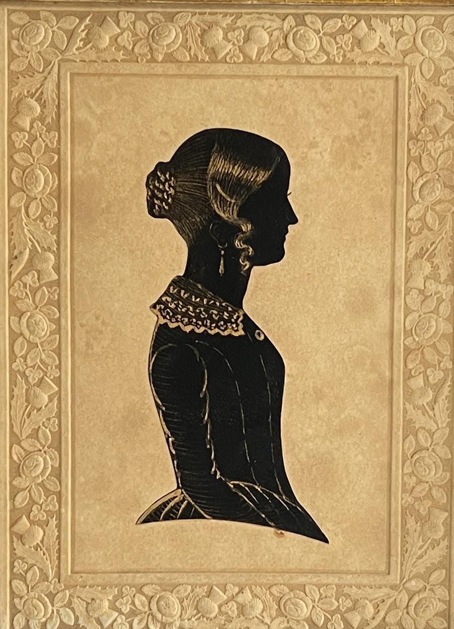 Antique Silhouette Portrait: Lady Cowley, Dobbs Embossed Card, 1840s
