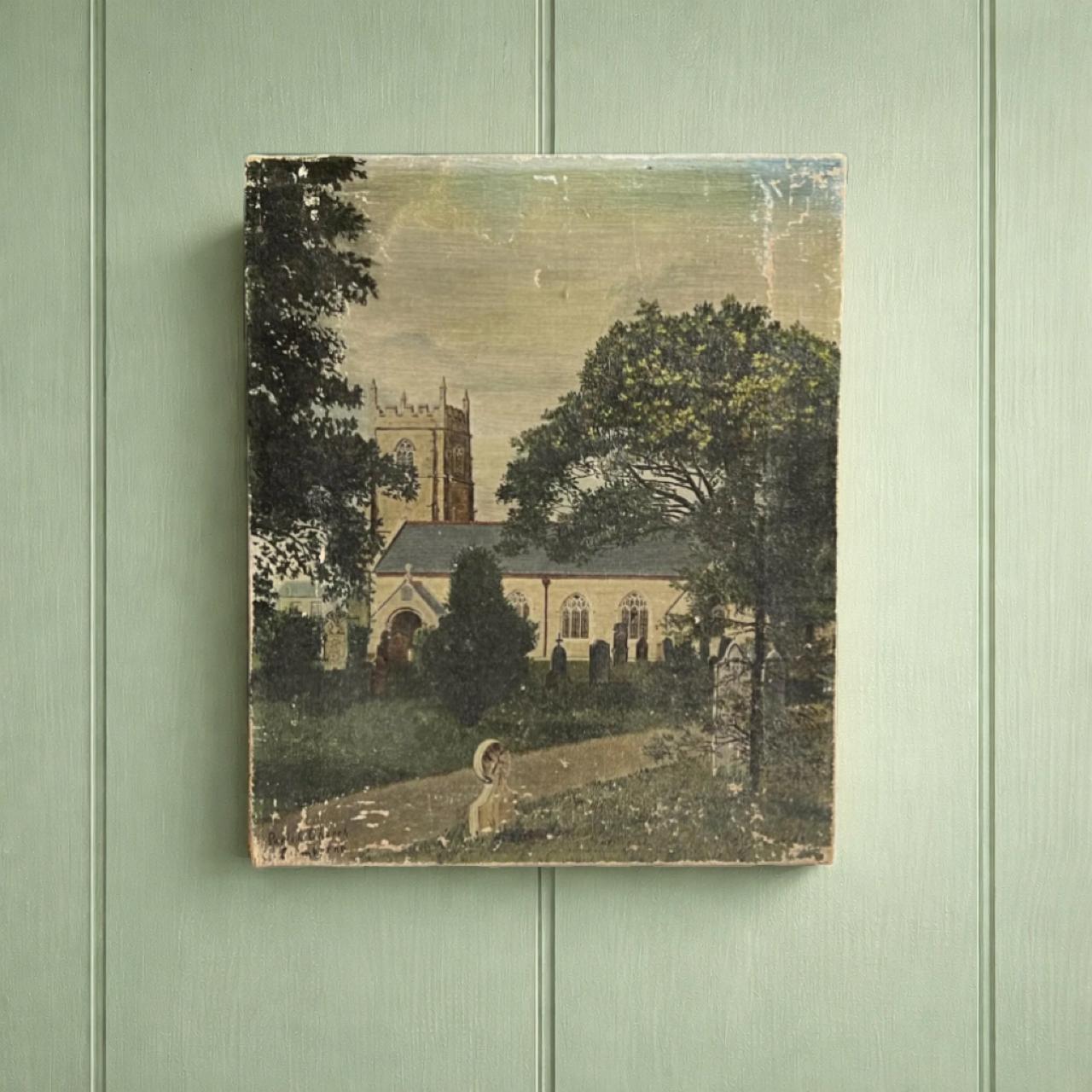 Antique Cornish Church Painting Naïve Folk Art Oil on Canvas 1899