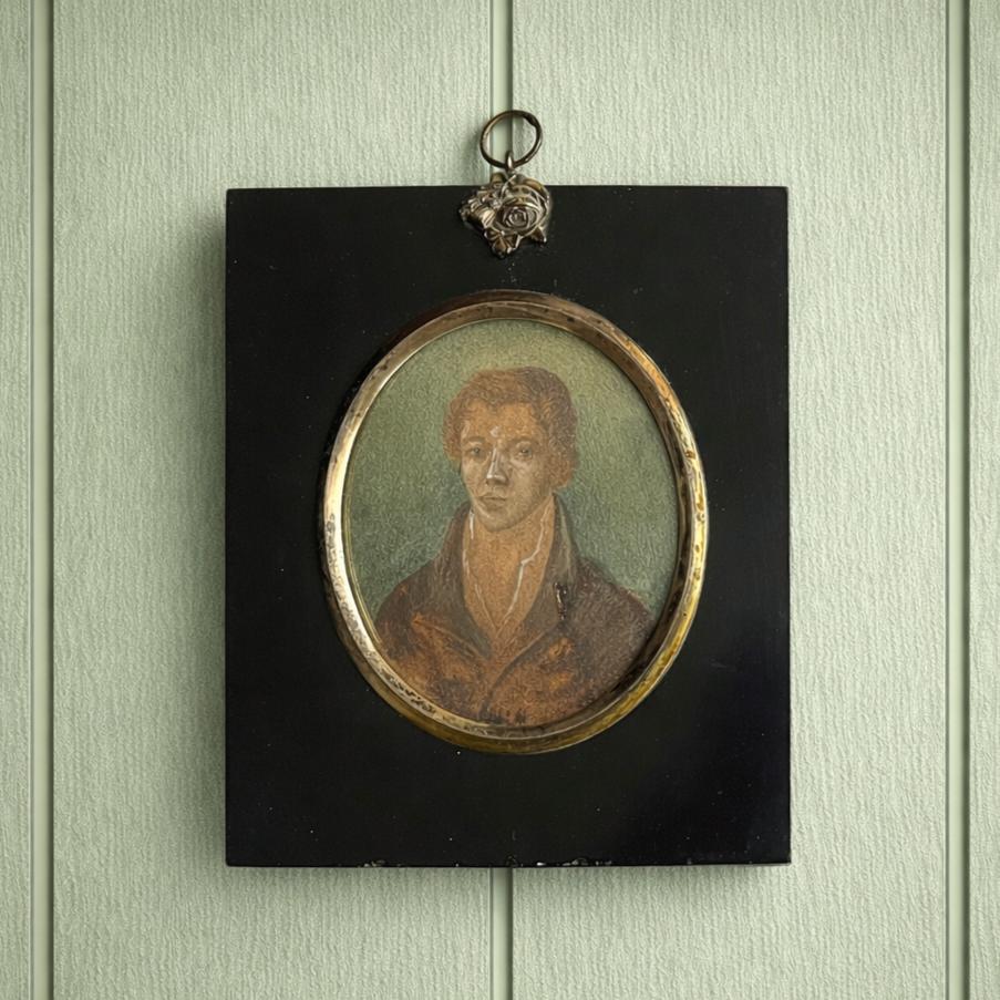 19th Century Georgian Portrait Miniature Young Man Blue Background C 1810
