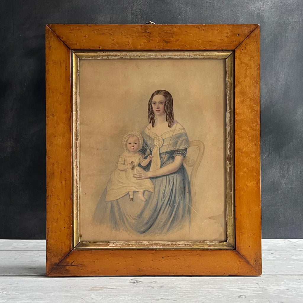 Antique Painting Portrait Mother and Child English Circa 1840