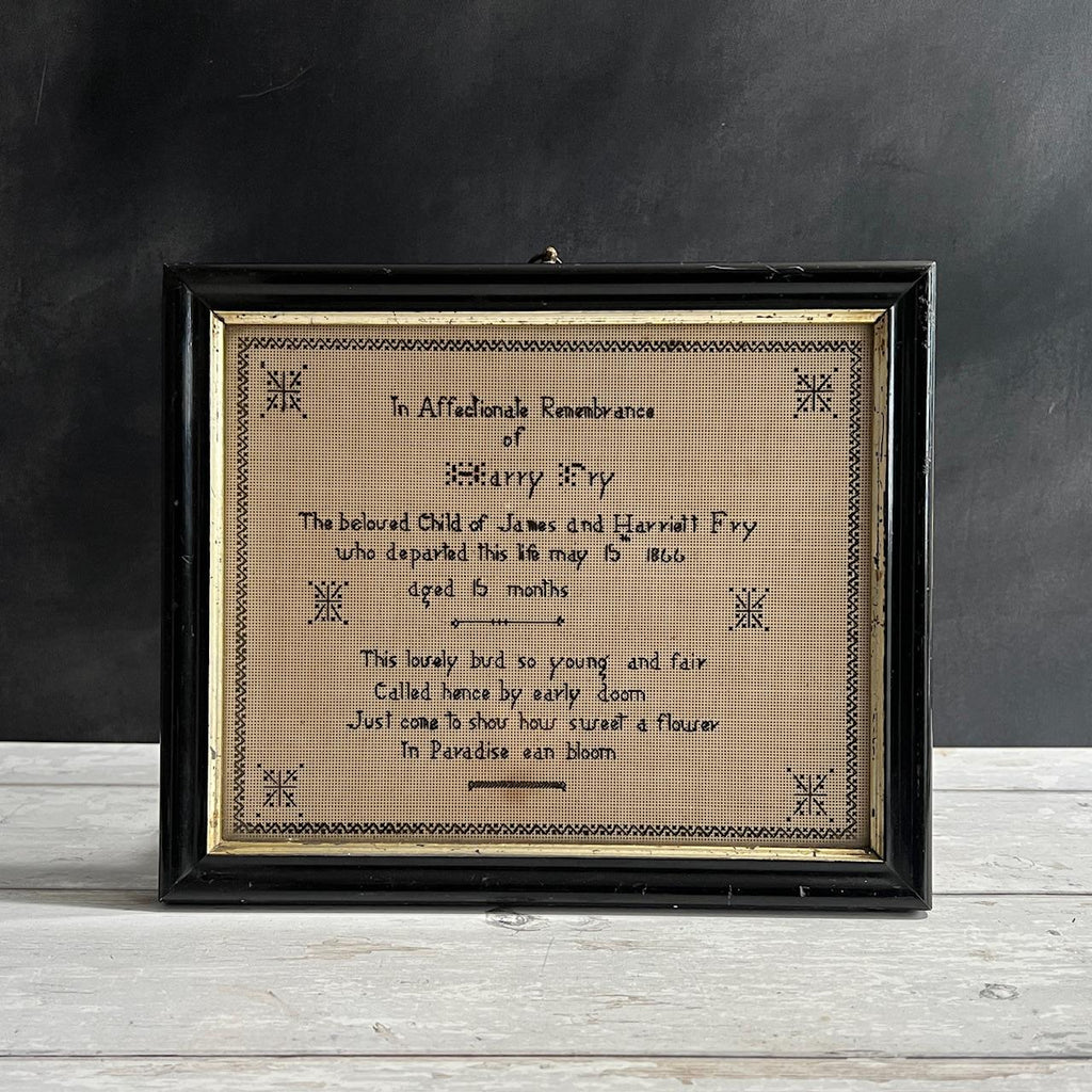 Antique Perforated Paper Mourning Sampler For Baby Harry Fry 1866