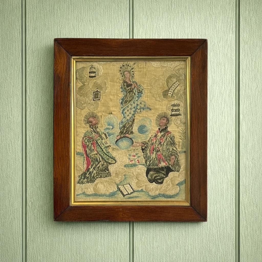 Antique 18th Century Silkwork Embroidery Needlework Circa 1740 Luxury Religious Gift Catholic