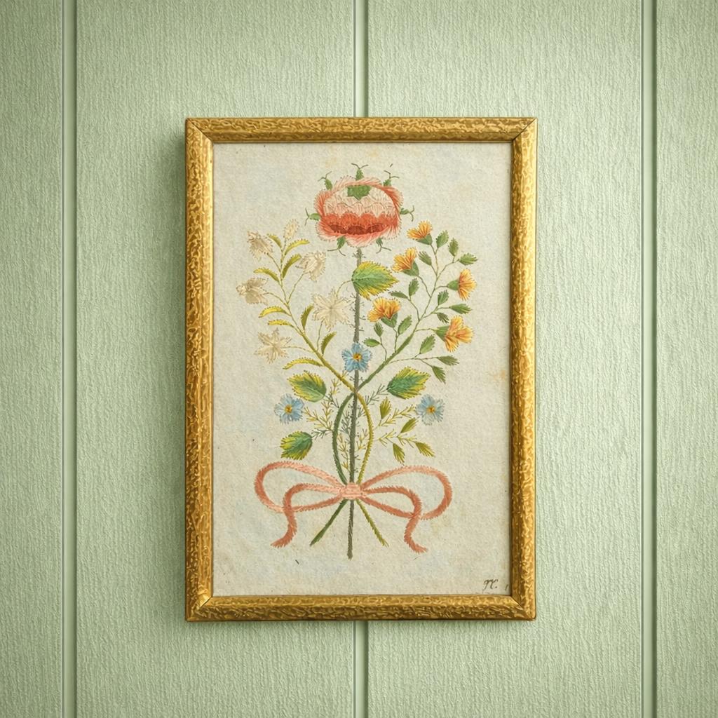 18th Century Colifichet Embroidery On Paper Double Sided Neeedlework C 1790