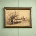 Antique 19th Century Painting Pen and Ink Sepia English Manor House Country Estate