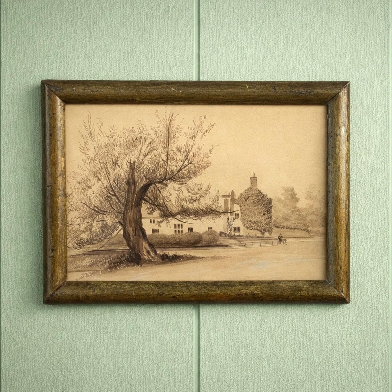 Antique 19th Century Painting Pen and Ink Sepia English Manor House Country Estate