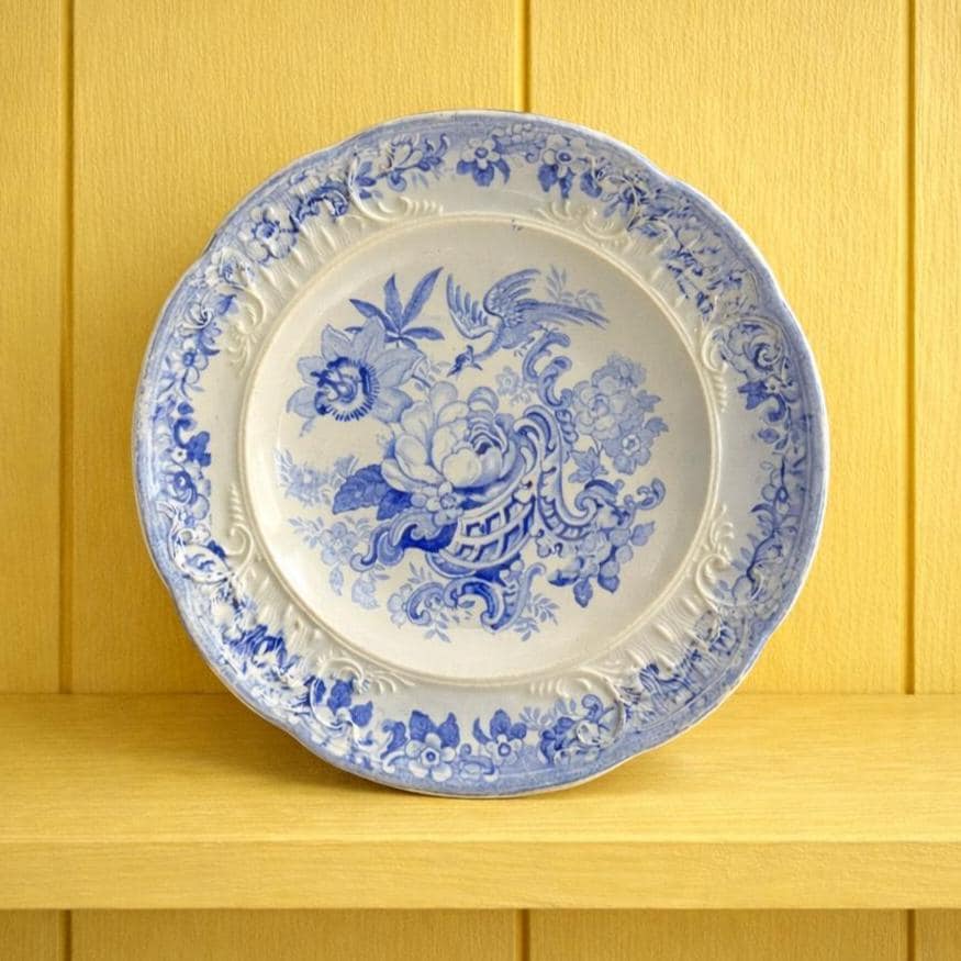 19th Century Miniature Blue And White Plate Bouquet Of Flowers Birds English C 1830