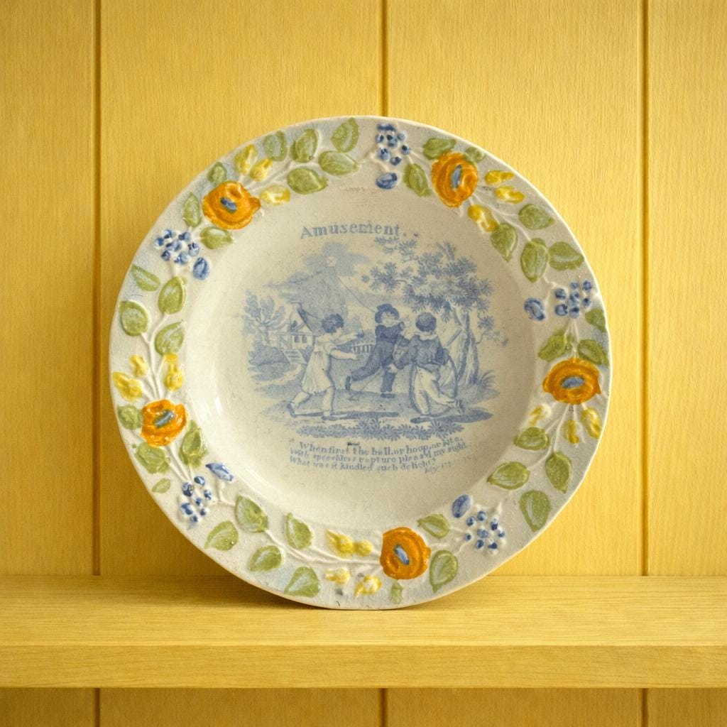 Antique Nursery Ware Plate 1820s English Pearlware Blue & White Children's Scene