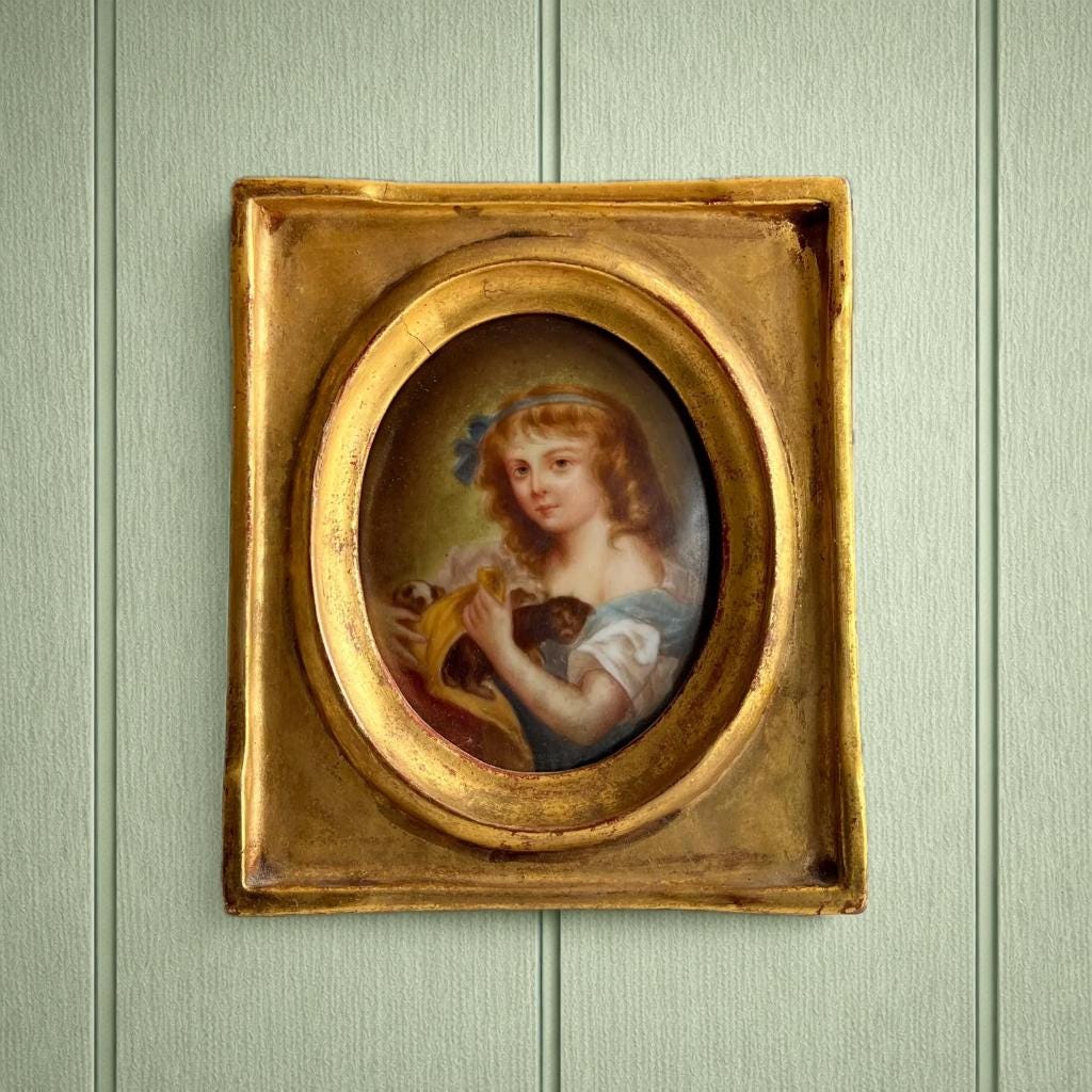 19th Century Painting Portrait Miniature On Porcelain Girl And Puppies C 1850 after Greuze