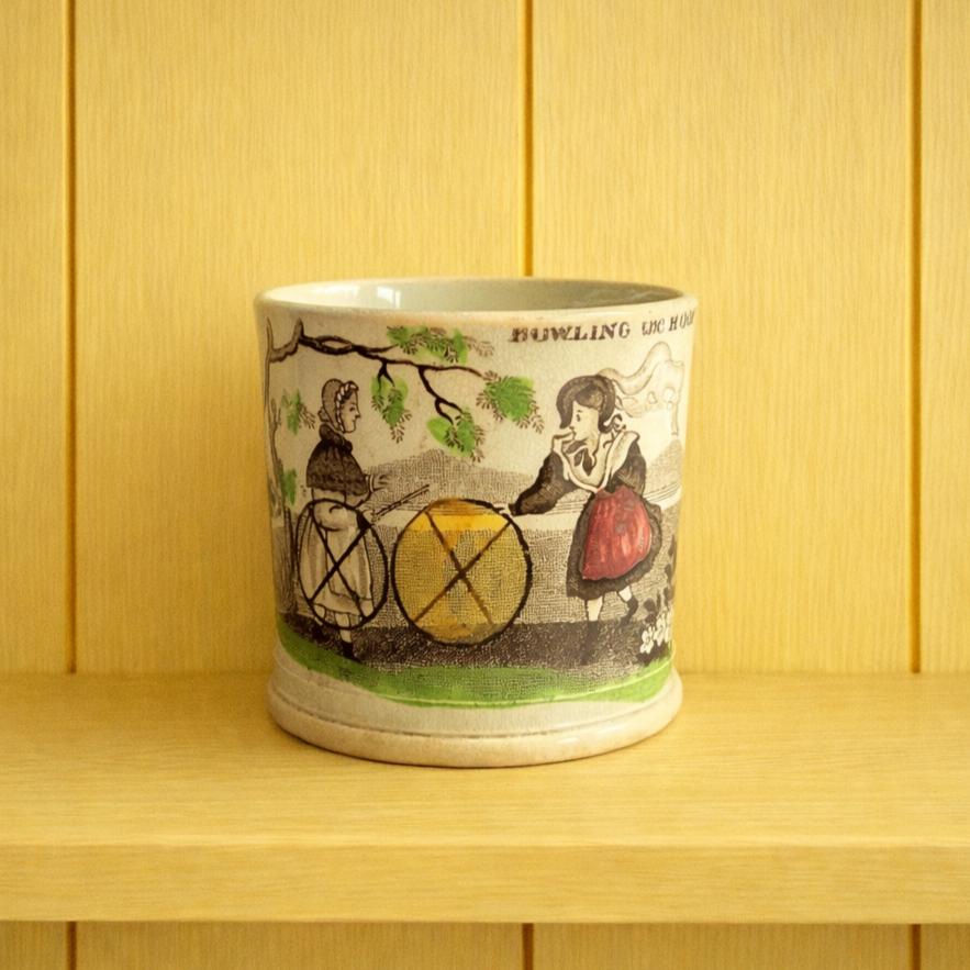19th Century Rare Childs Mug Bowling The Hoop Childhood Game English C 1840