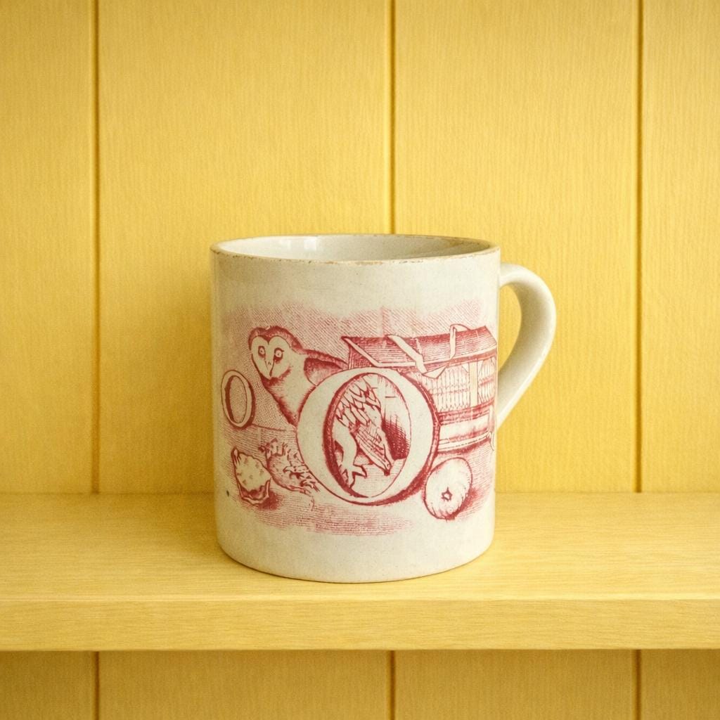 Antique 1850s Childs Alphabet Mug Red Transferware Owl & Nest