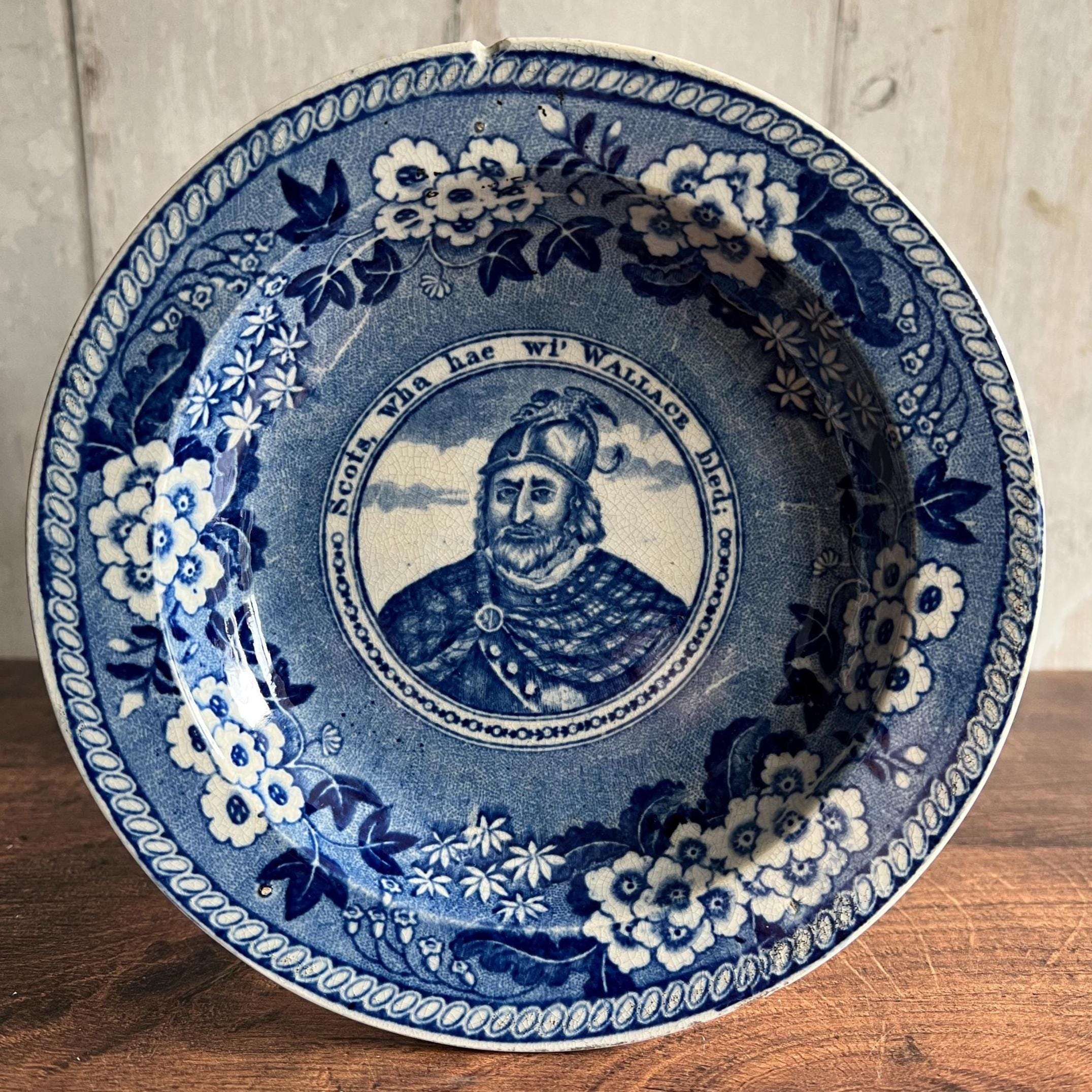 Antique Scottish William Wallace Pearlware Plate Blue and White Transferware Robert Burns Poem C 1820 Great Provenance