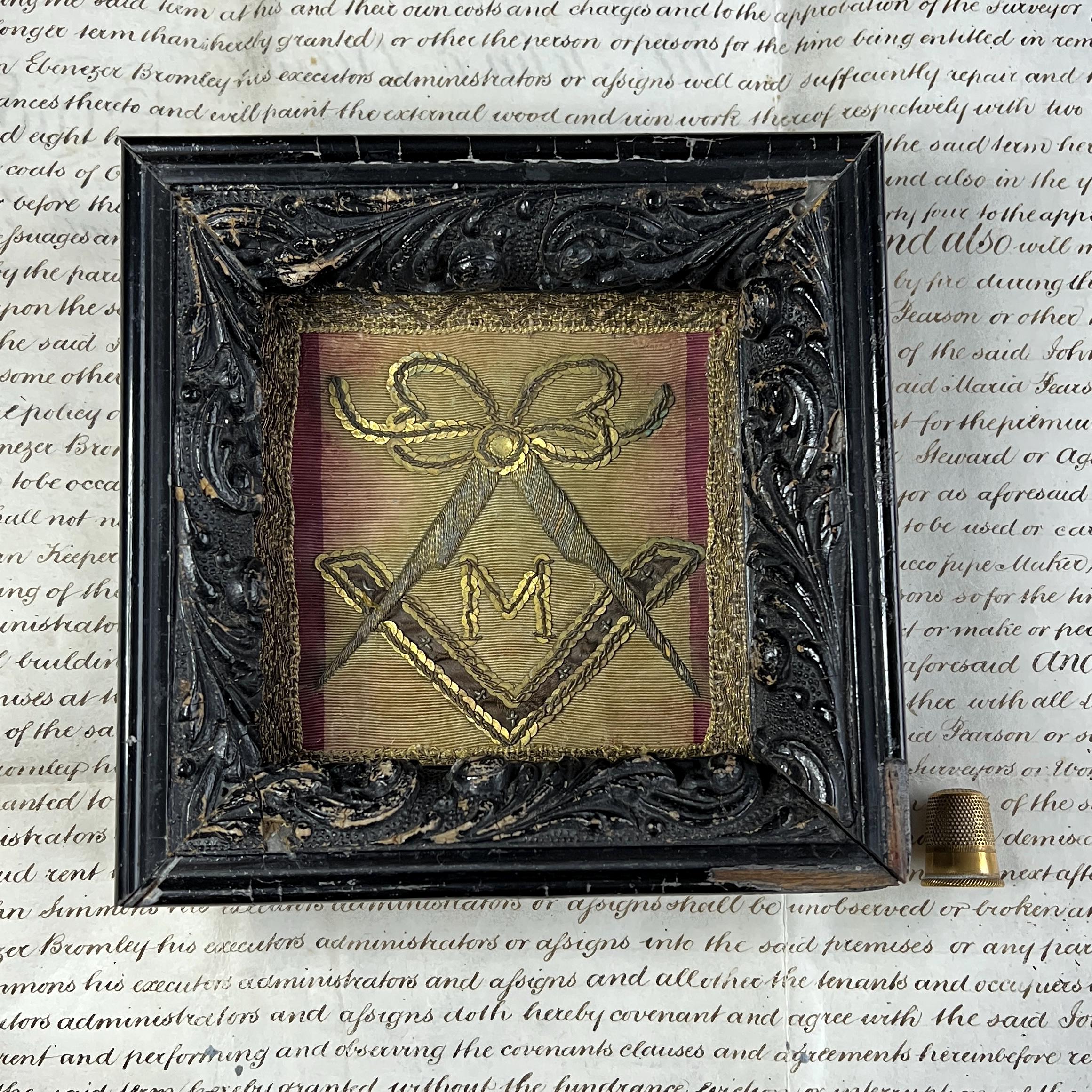 18th Century French Textile Fragment Master Masonic Embroidery Compass C 1799