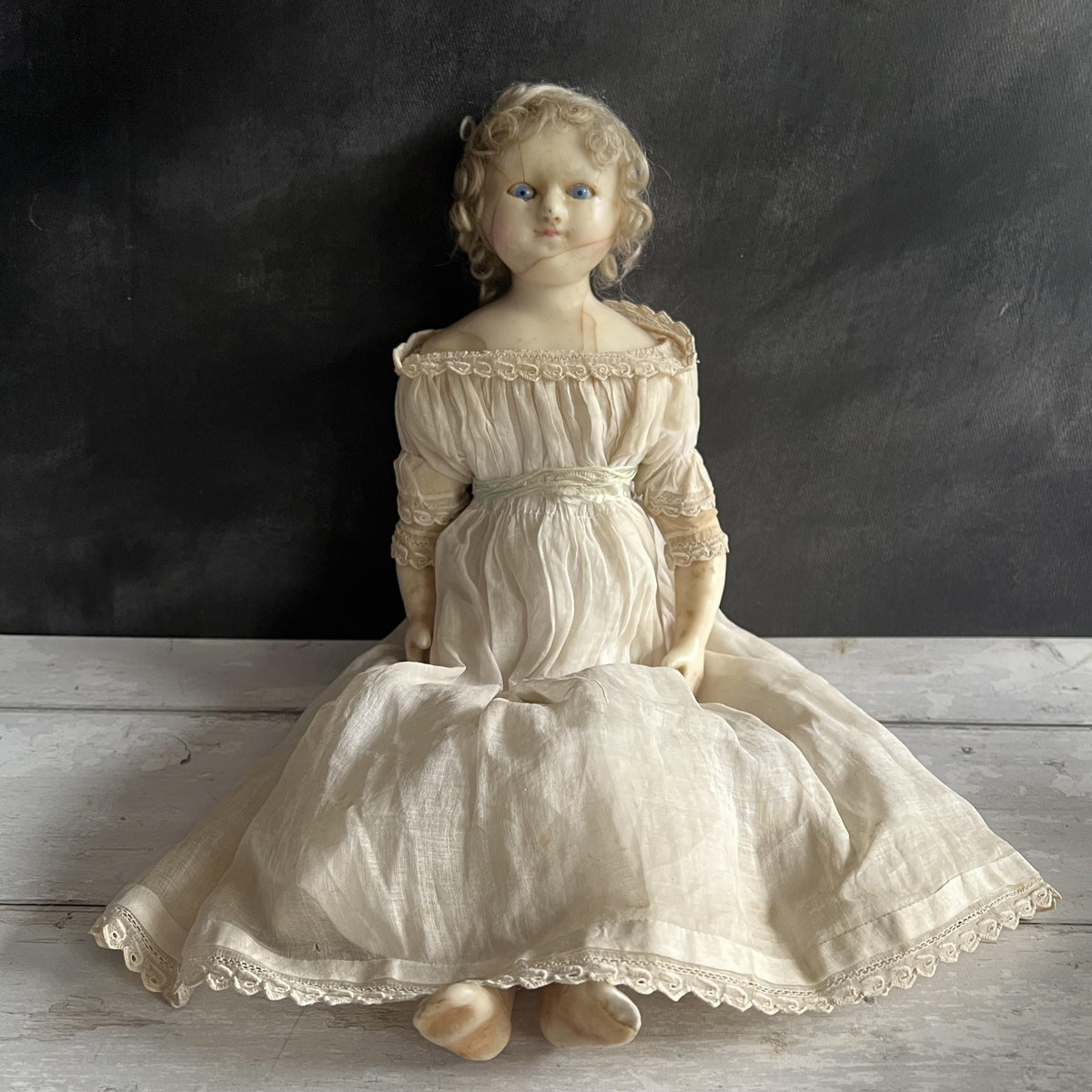 English Wax Over Papier Mache Doll 17” Blue Sleep Eyes Original Clothing C 1840