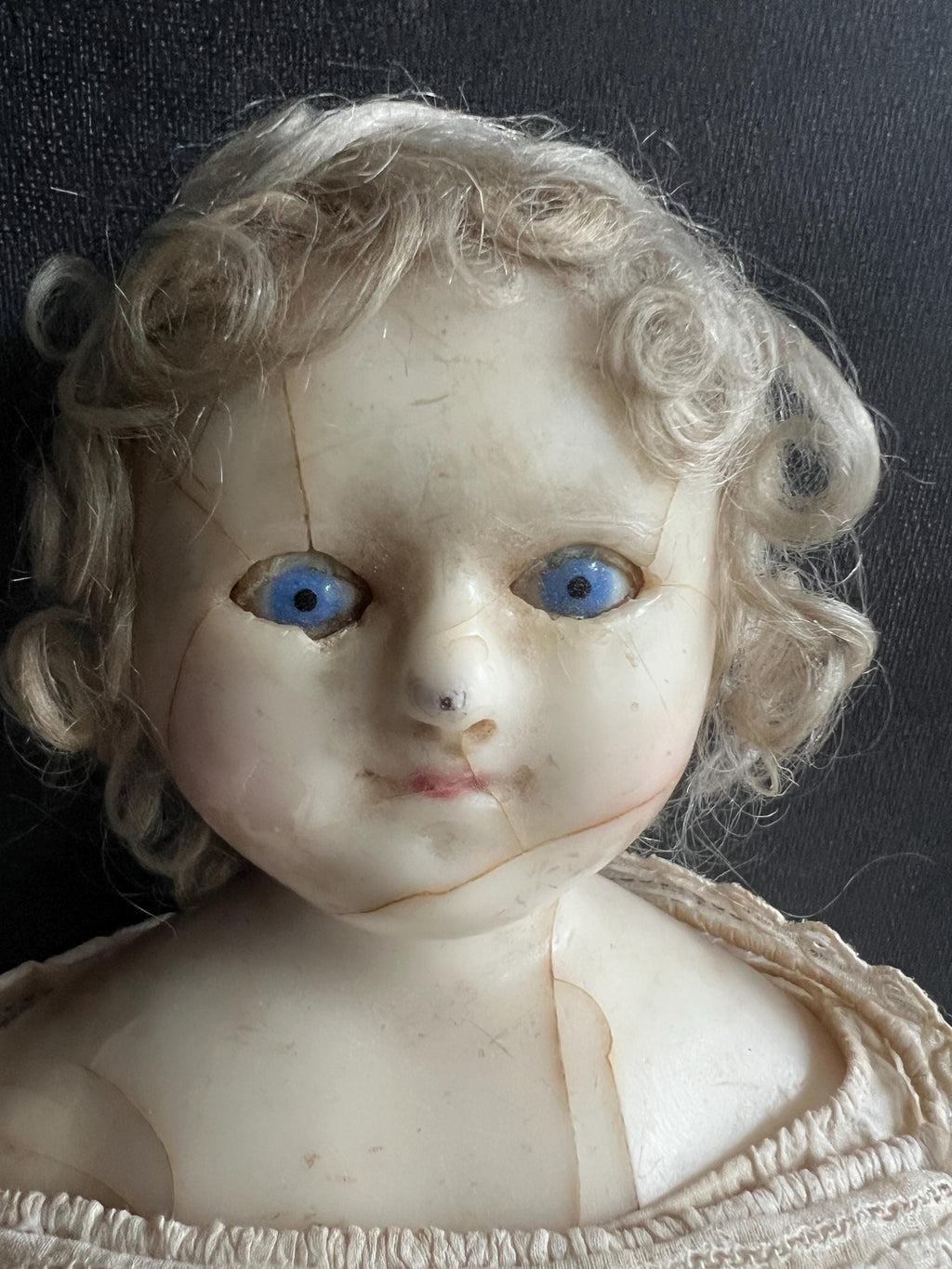 English Wax Over Papier Mache Doll 17” Blue Sleep Eyes Original Clothing C 1840