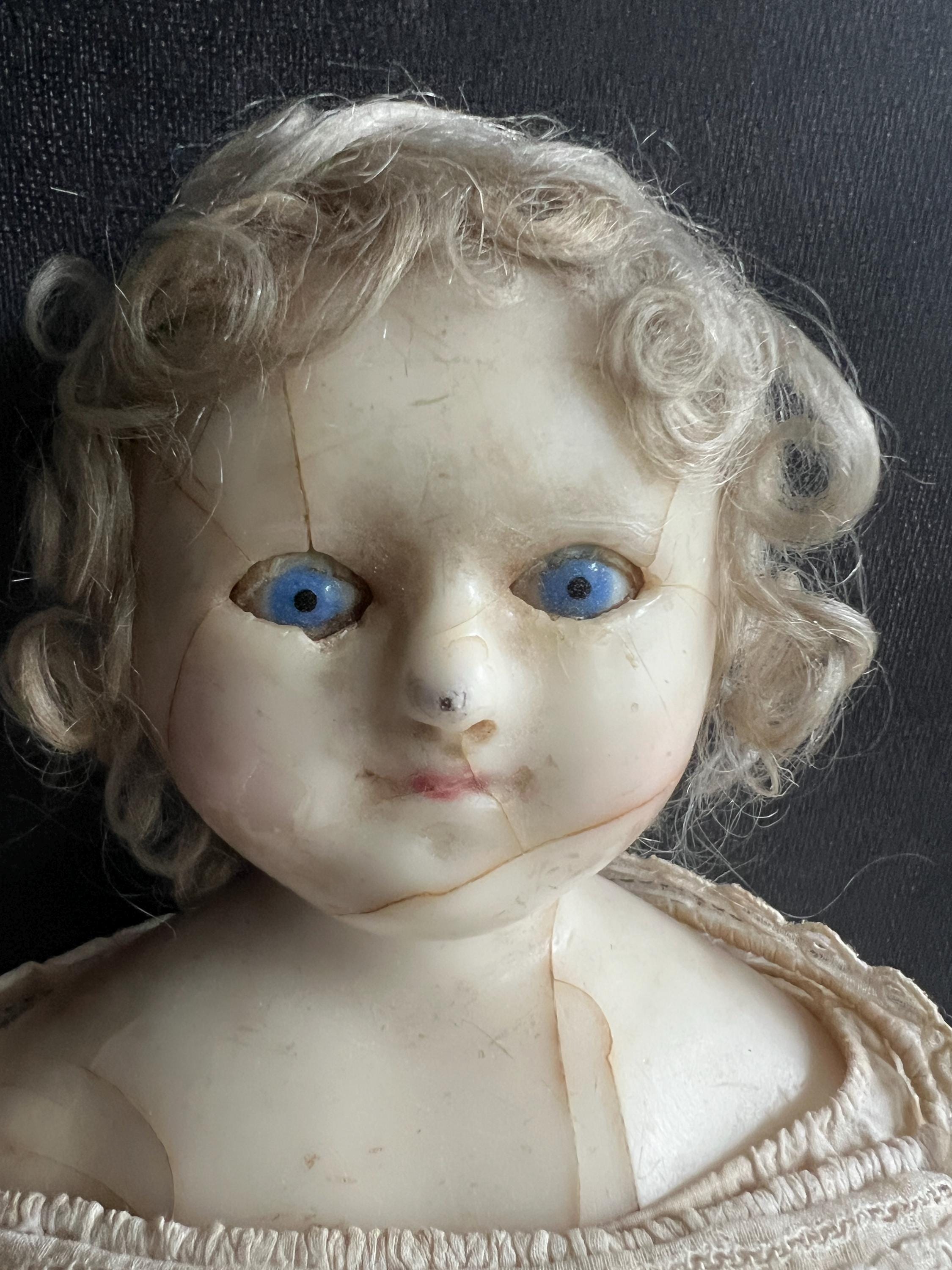 English Wax Over Papier Mache Doll 17” Blue Sleep Eyes Original Clothing C 1840