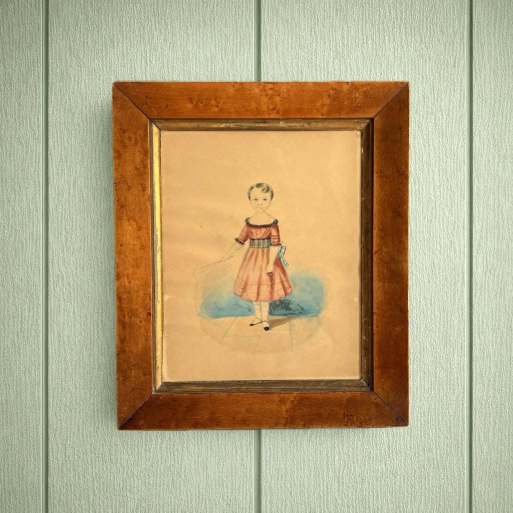 19th Century Folk Art Painting Watercolor Child Tartan Sash and Riding Crop Dated 1843