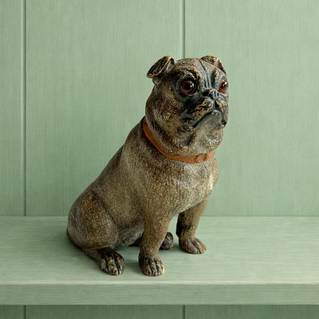 19th Century Pug Dog Figure Austrian Terracotta Glass Eyes C 1890