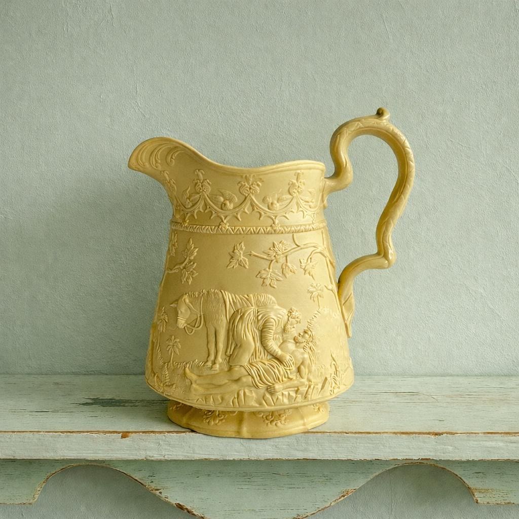 Antique English Jug Pitcher Jones & Walley Relief Moulded Stoneware The Good Samaritan C 1841