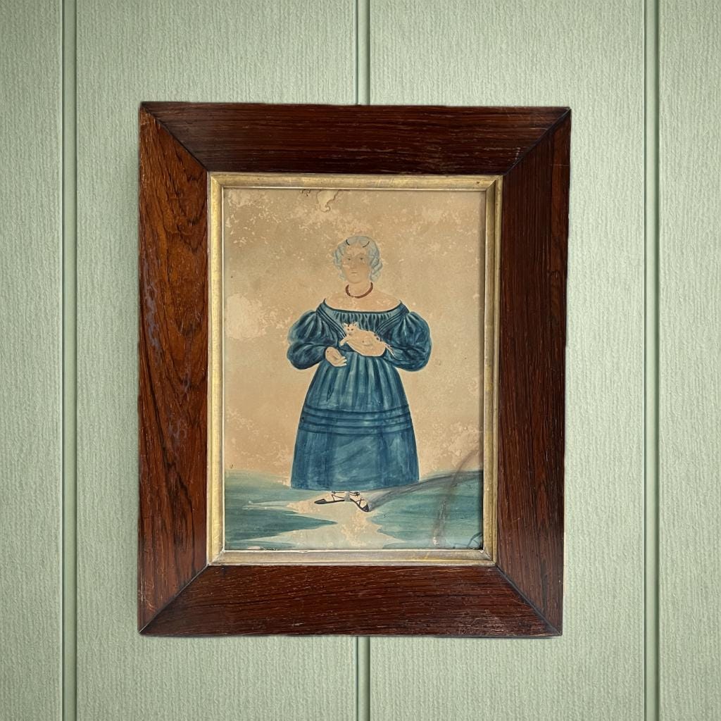 Antique Folk Art Painting Girl And Kitten Cat Portrait English C 1835 AF