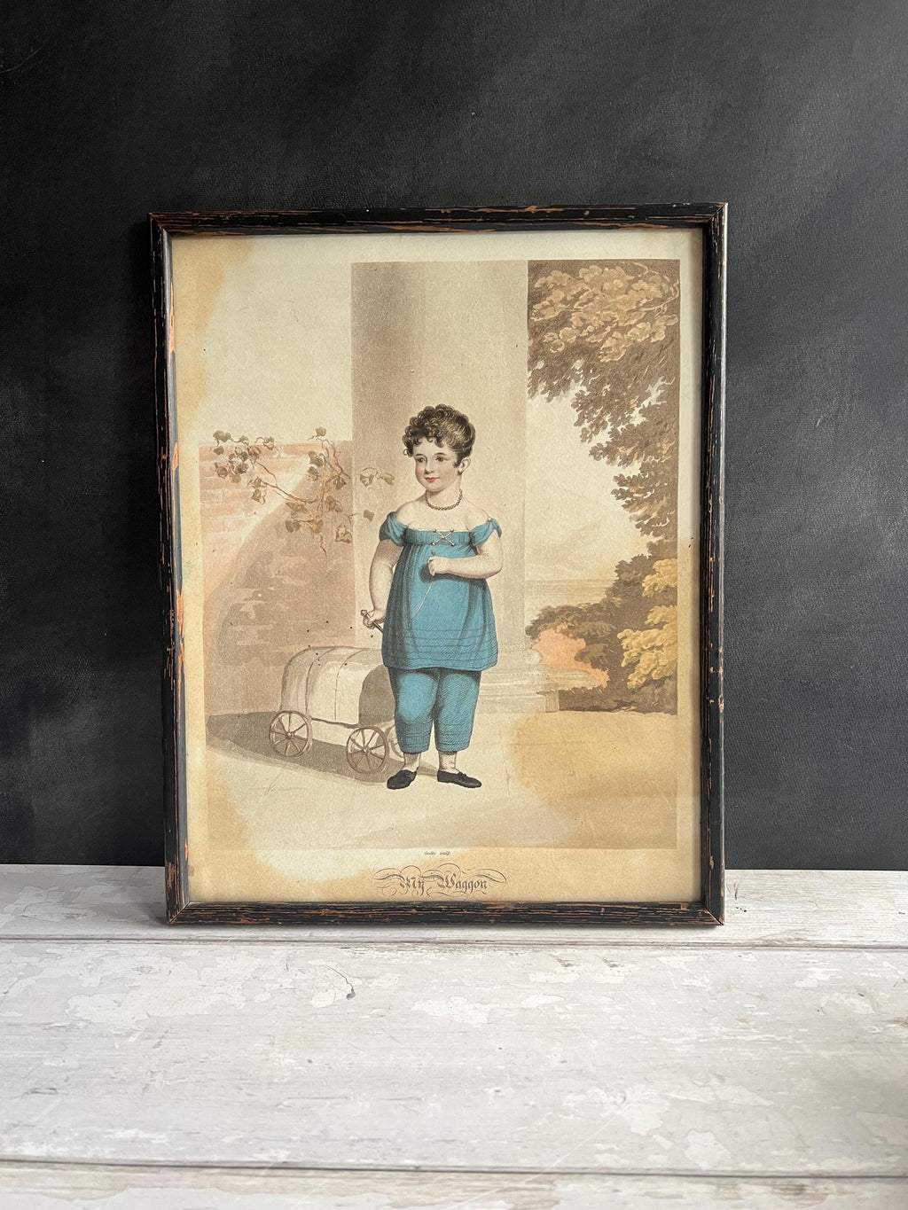 Adorable Georgian Engraving Child And Pull Toy Fly Wagon by James Godby Circa 1810