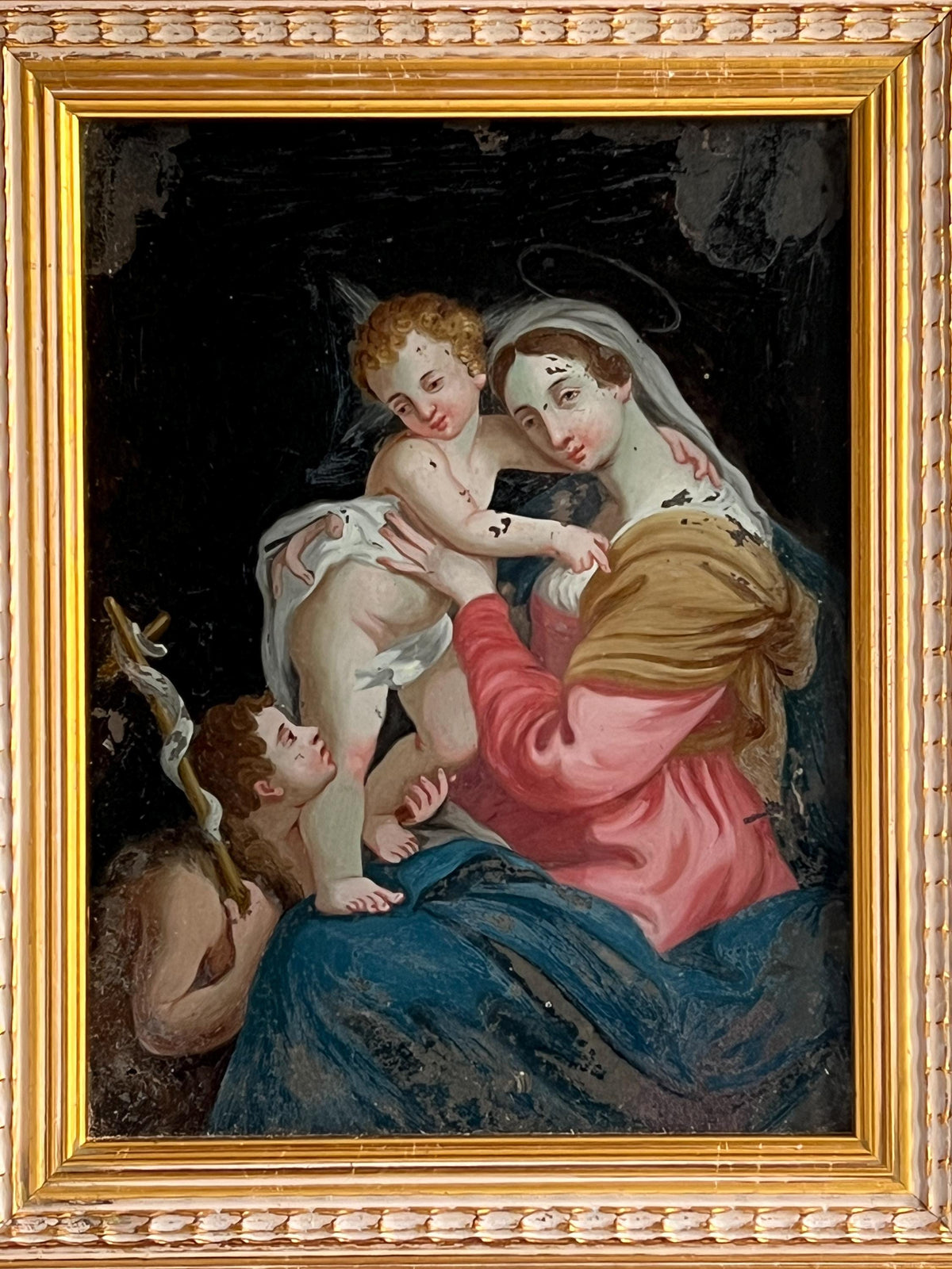 18th Century Georgian Reverse Glass Painting Virgin with Child Circa 1800 Catholic
