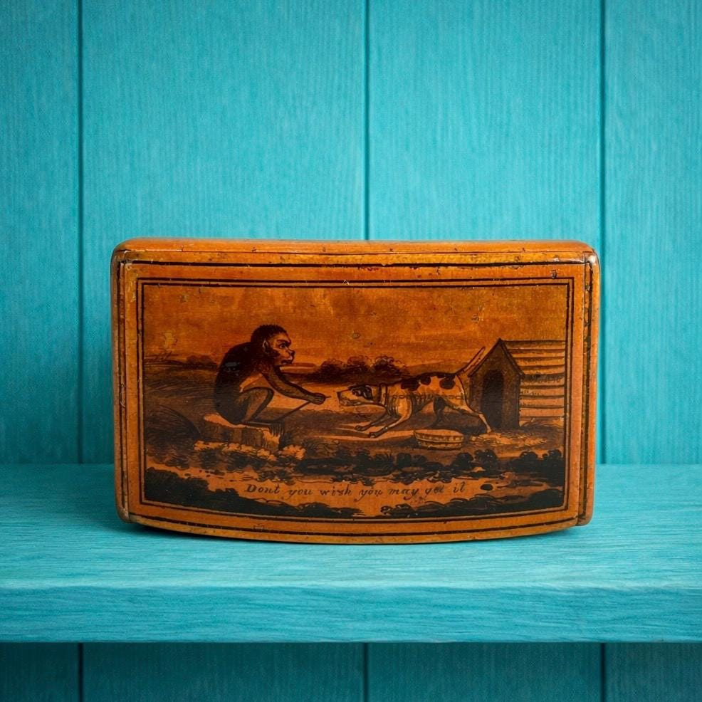 RARE 19th Century Snuff Box Monkey Dog Mauchline Ware C 1850